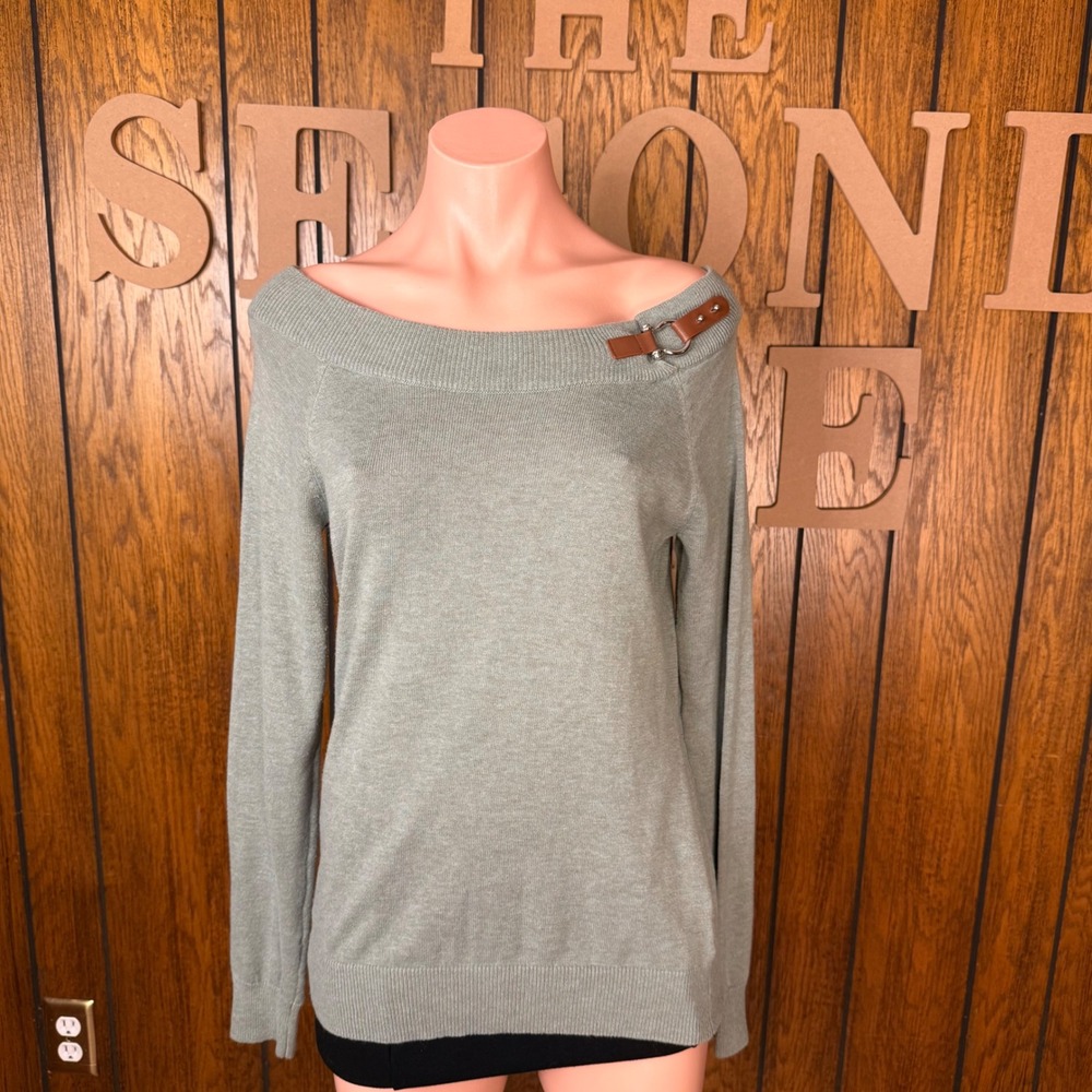 Lauren Ralph Lauren Sweater Womens Medium Green Buckle Off Shoulder Y2K Chic
